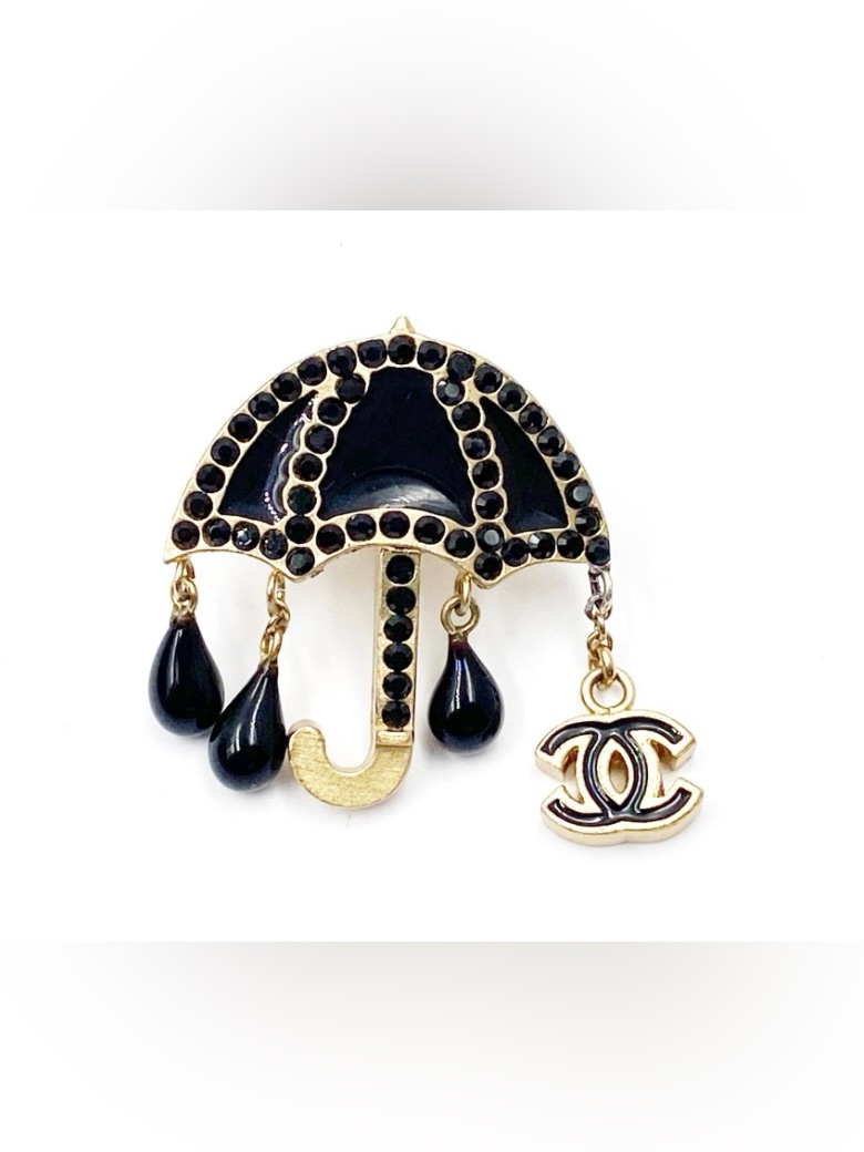 Vintage 2001 Chanei Faux Black Pearl And Crystal Umbrella Logo Brooch